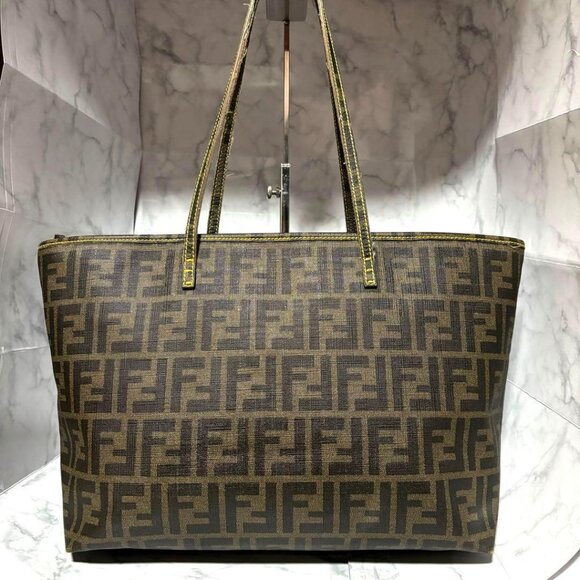 Authentic FENDI Zucca Large Spalmati Roll Tote Handle Shoulder Bag Brown PVC Tan - Picture 3 of 12